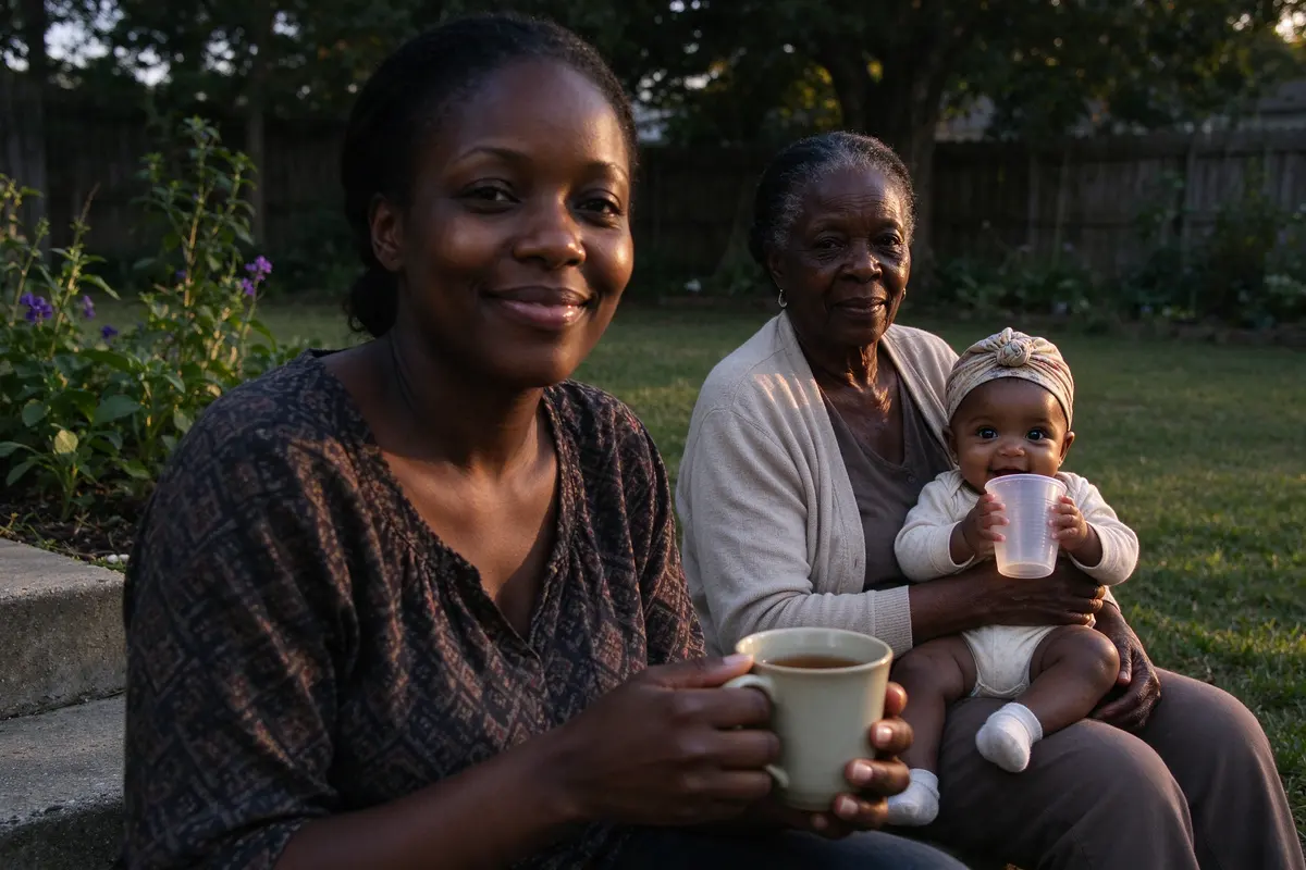 The mother on the back step in late light with a mug of tea, the baby on the grandmother's lap on the lawn behind her holding a plastic cup with both hands.