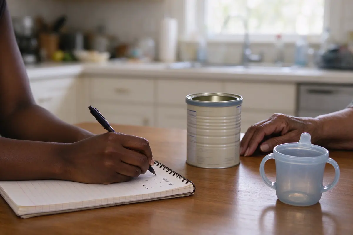Close on the mother's hand writing three numbered lines on a notepad beside an empty formula can and the baby's open cup, the grandmother's hand resting on the table edge.