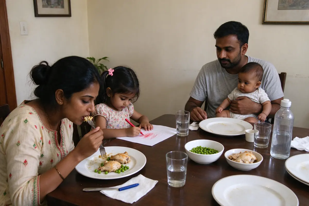 The mother at the cleared table after the meal eating from her own plate of the same chicken and peas, the sister drawing beside her, the baby on the father's lap across the table.