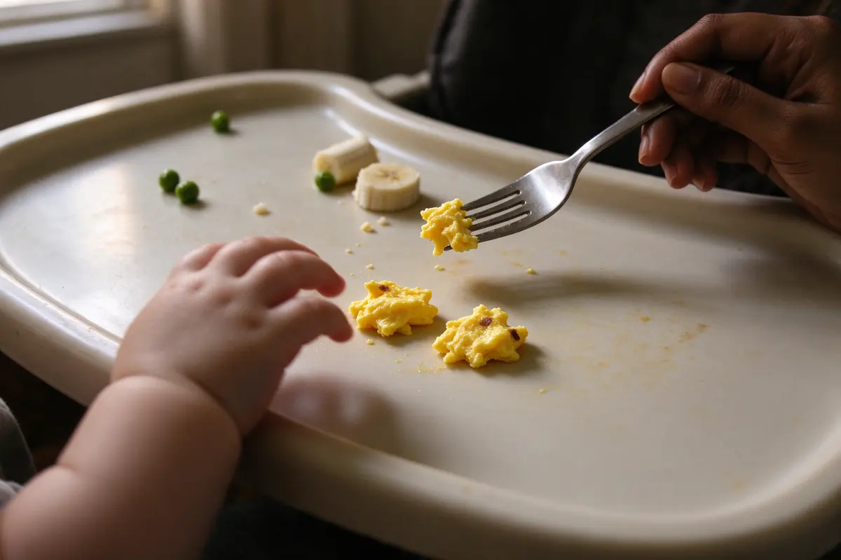 Close on the high-chair tray: two half-inch pieces of scrambled egg beside a scatter of peas and banana, the baby's hand hovering over the egg, the mother's fork with egg on it in the corner.