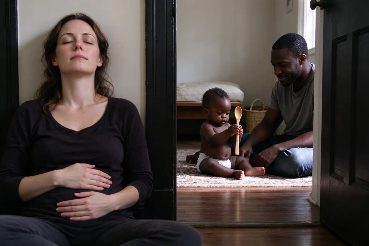 The mother sitting on the hallway floor with her back to the wall and her eyes closed, breathing, the baby visible through the open door sitting safely on the rug with the spoon.