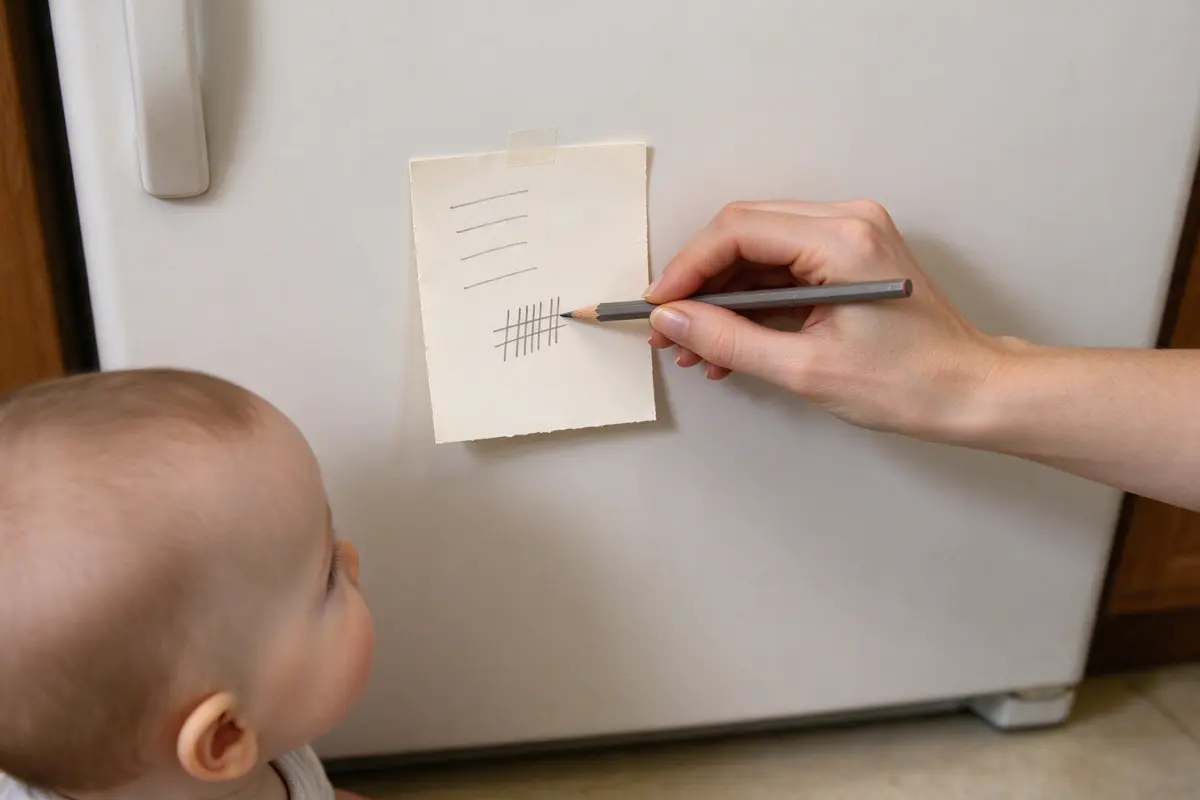 Close on an index card on the fridge with four handwritten lines, a tally of pencil marks beneath, the mother's hand adding one, the baby's head visible at the edge of the frame on the floor.