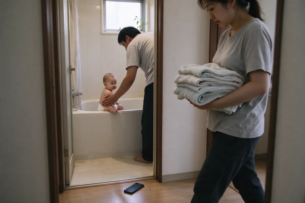 The bathroom doorway from the hall: the father's back at the tub with the baby, a phone face down on the hall floor by the door, the mother passing with a stack of towels.