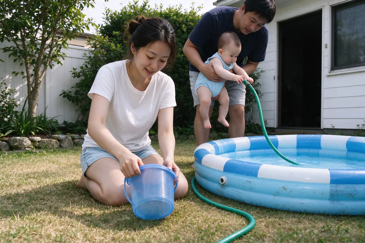 The mother in a small backyard tipping a plastic bucket upside down beside an empty wading pool, the baby on the father's hip behind her reaching toward the hose.