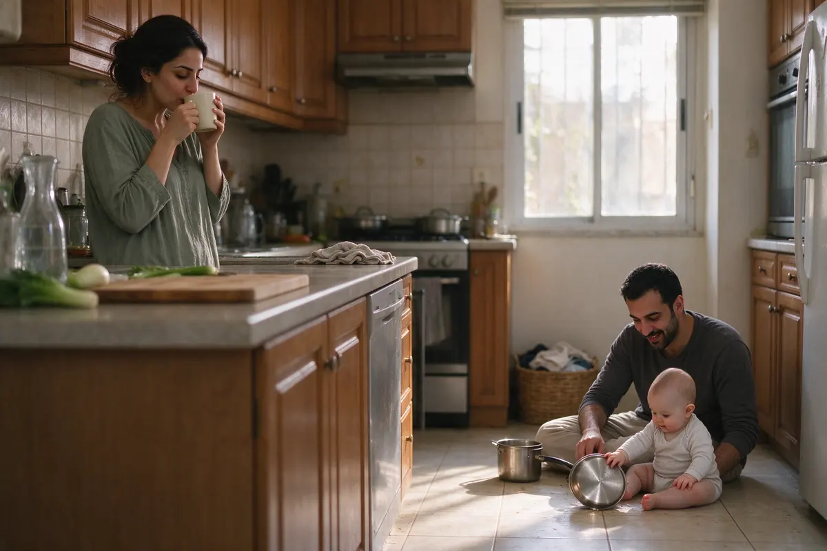 The mother standing at the far end of the counter drinking from a mug, the baby across the kitchen on the floor banging a pot lid beside the father, the morning light on the tiles.