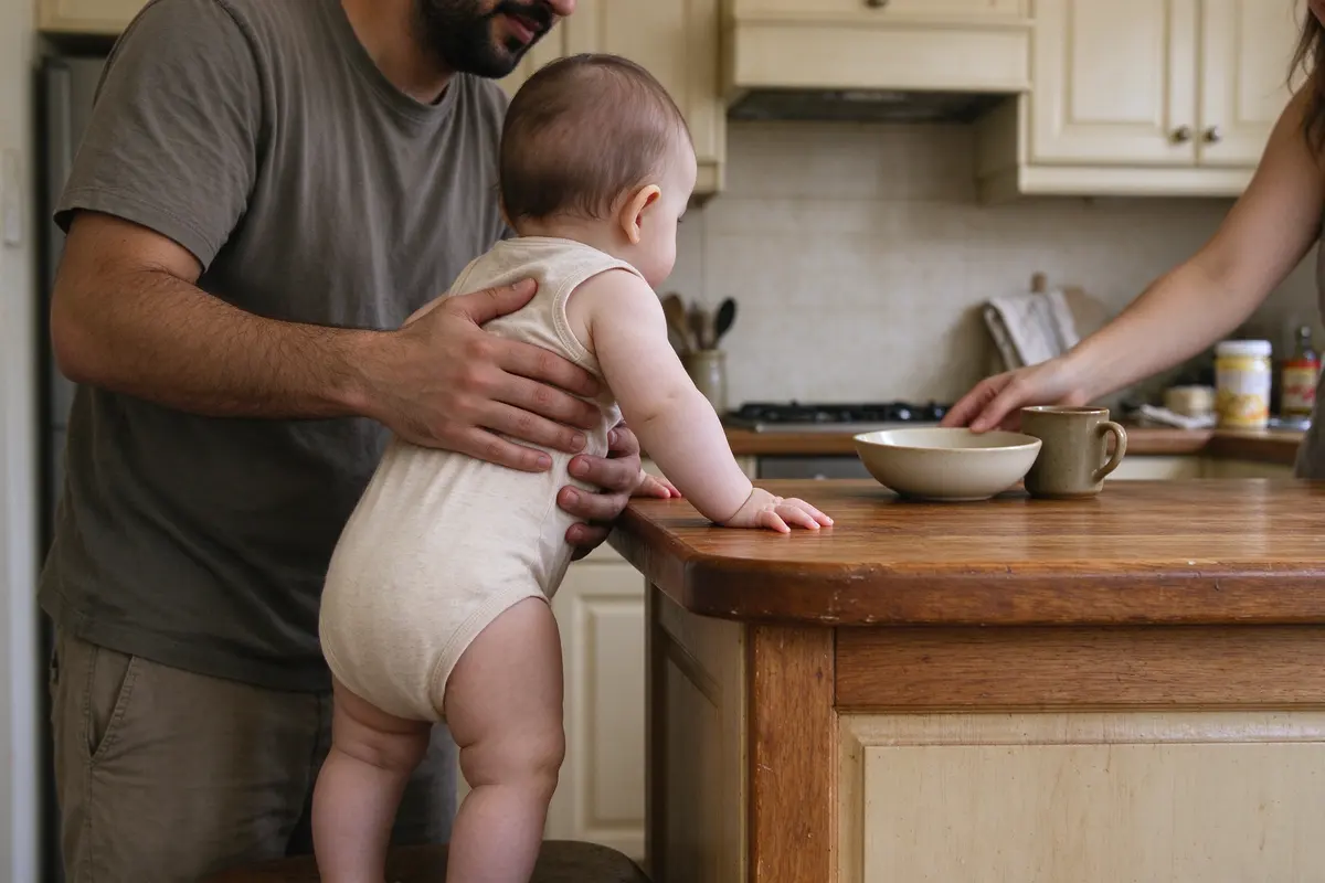 The baby standing at the kitchen counter with the father's hands at her waist, her fingers flat on the counter edge, the mother's hand pushing a bowl and a mug a hand's width past them.