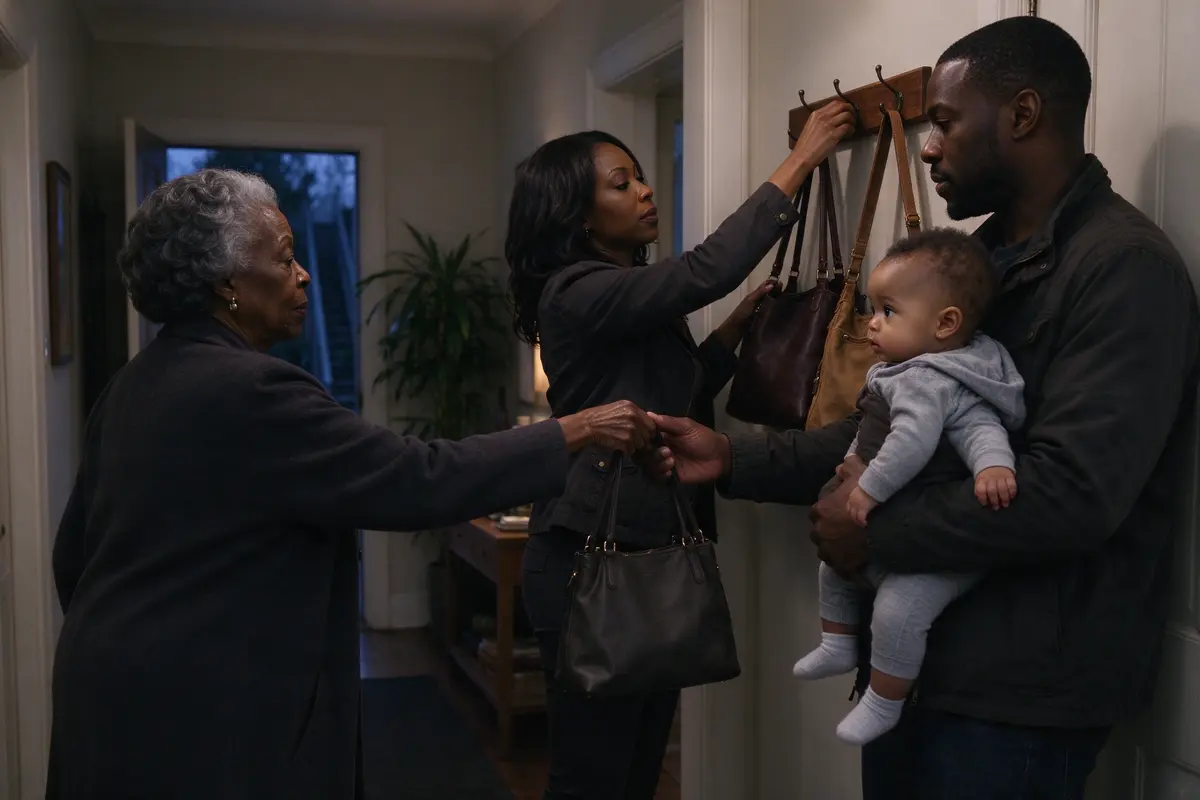 The front hall at dusk, a grandmother handing her handbag up to the mother, who hangs it on a high hook beside two others, the baby on the father's hip watching the bags go up.