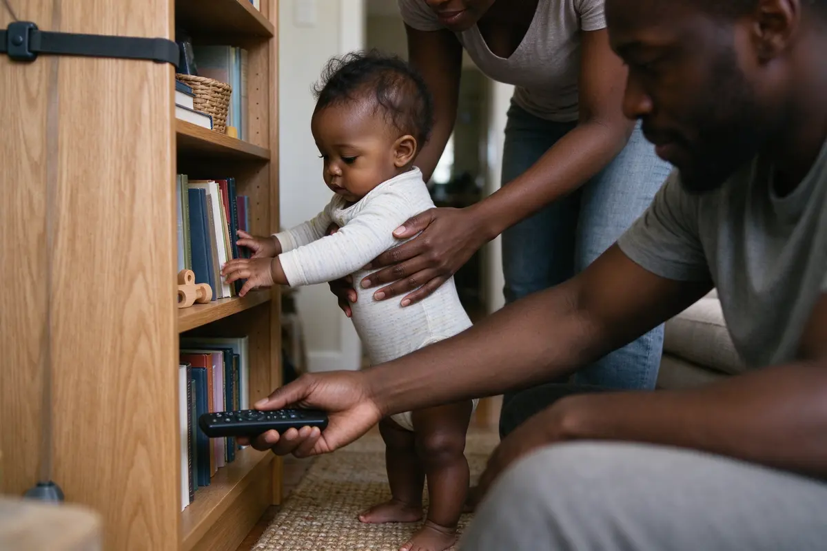 The baby standing at an anchored bookcase with the mother's hands at his ribs, his fingers brushing the second shelf, the father's arm reaching past to lift a TV remote off it.