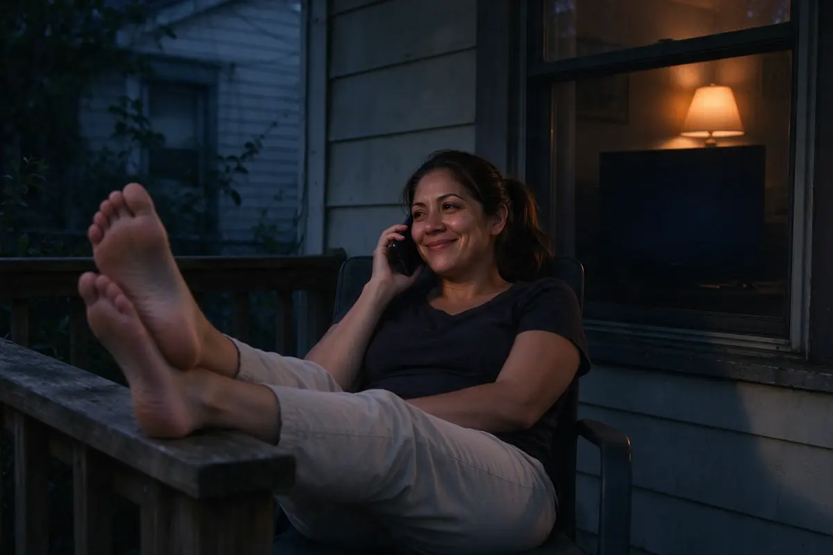 The mother alone on the back porch at dusk with her phone to her ear and her feet up, smiling at something said, the dark window behind her showing the TV off and the lamp on.