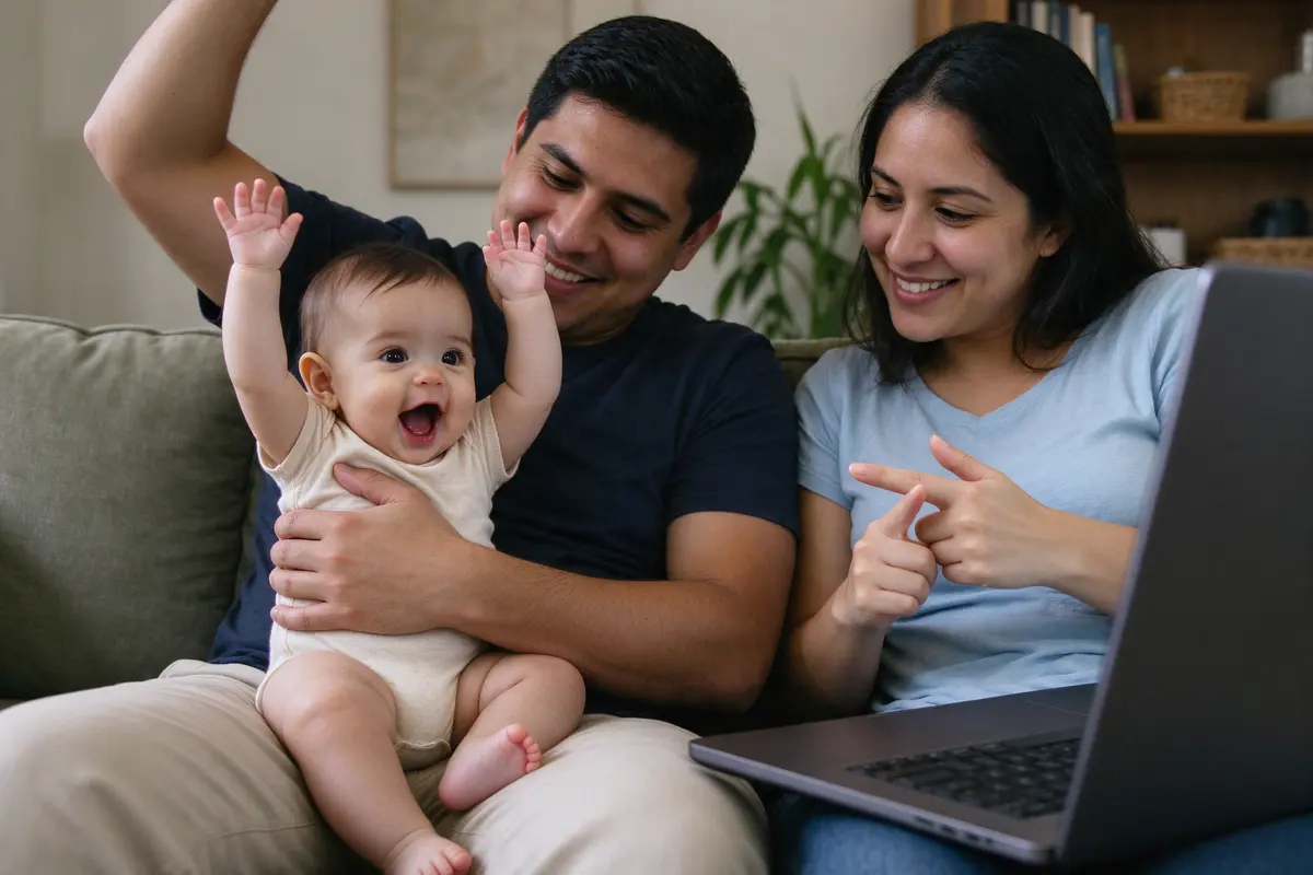 From the side with the laptop lid edge-on: the father lifting the baby's arms for 'so big,' the baby's mouth open in a shout, the mother pointing toward the screen and forming a name.