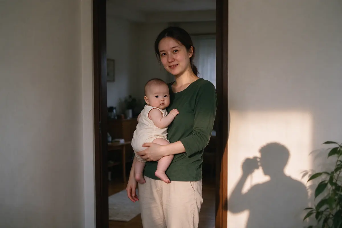 The mother standing in the doorway in evening light with the baby on her hip, both looking at the camera, the father's shadow on the floor where he stands taking the photo.