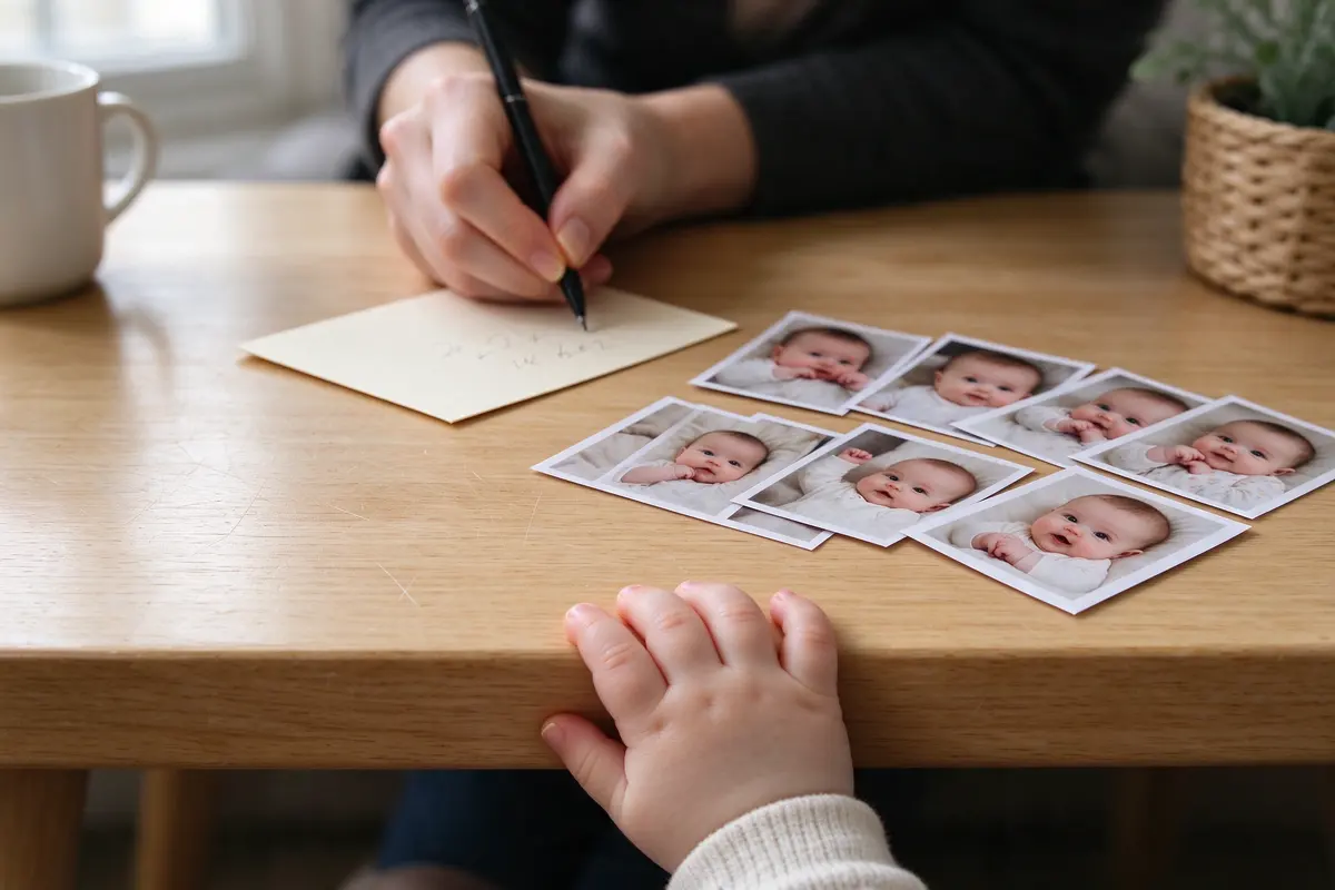 Close on the mother's hand writing a short letter on card at the coffee table, nine earlier photos fanned beside it, the baby's fingers gripping the table edge at the bottom of the frame.