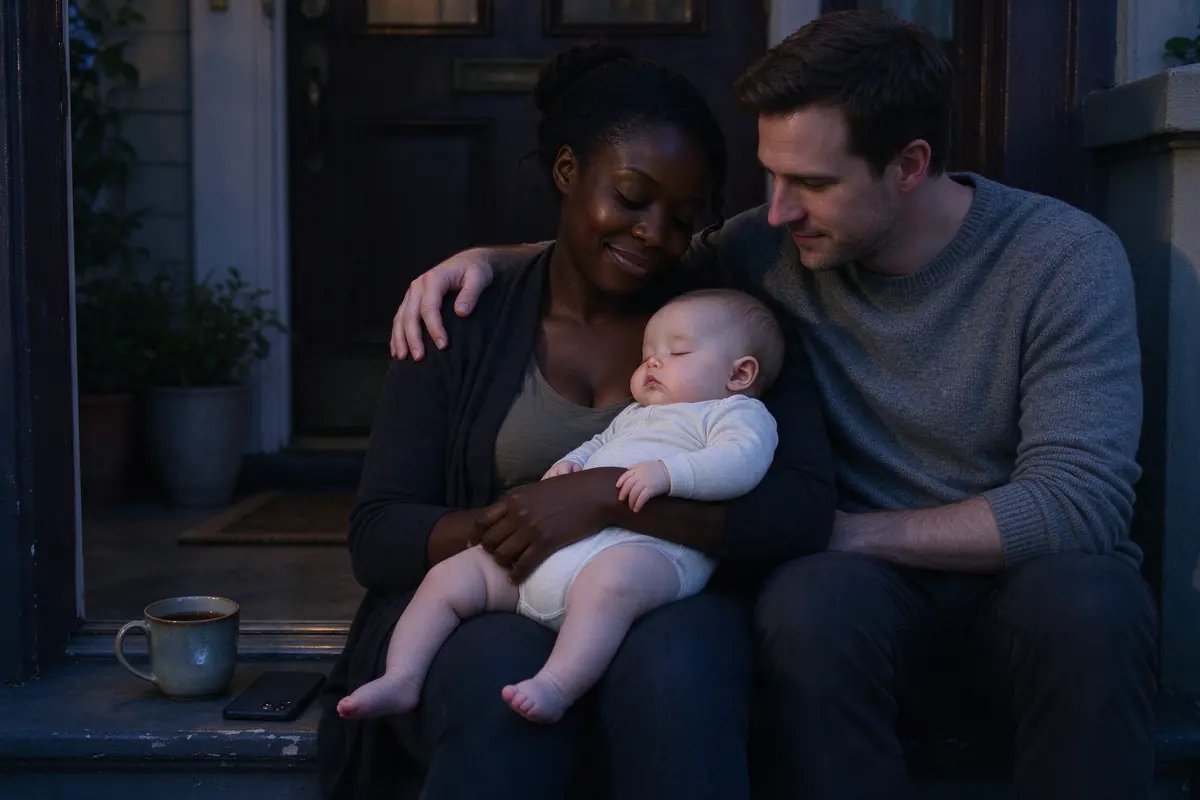 The mother and father on the front step at dusk, the baby asleep on the mother's chest, the father's arm around her shoulders, a cold mug of tea and a phone face down on the step beside them.