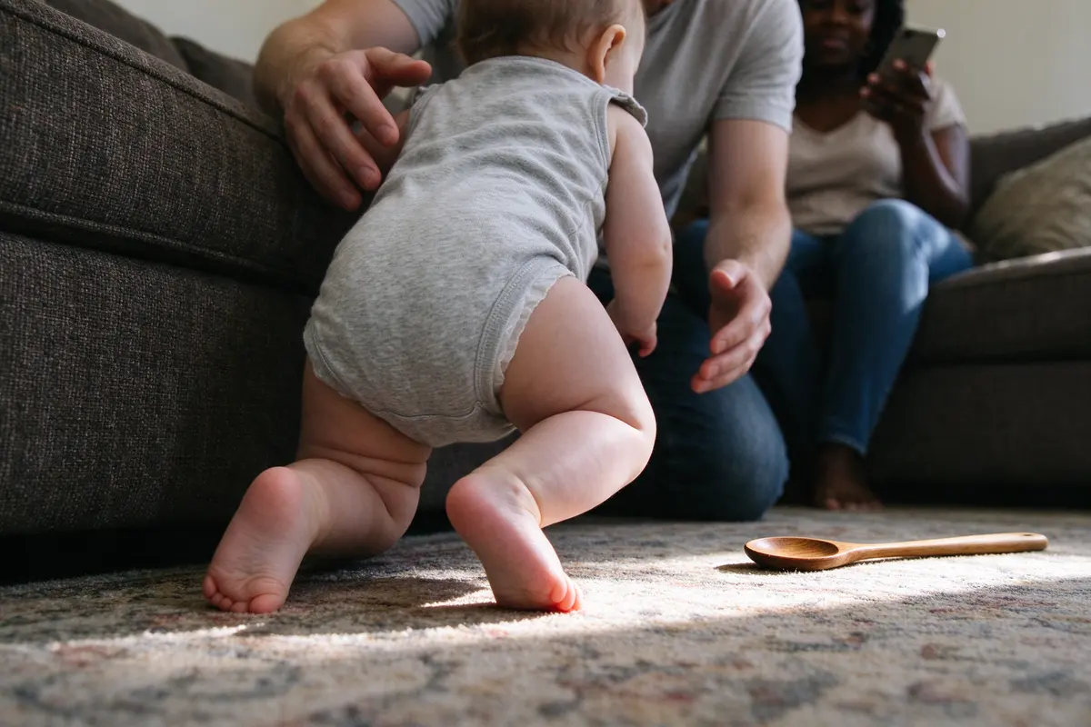 From floor level: the baby's bare feet and bent knees as she side-steps along the sofa toward a wooden spoon, the father's open hands a few inches behind her back, the mother's phone in the corner.