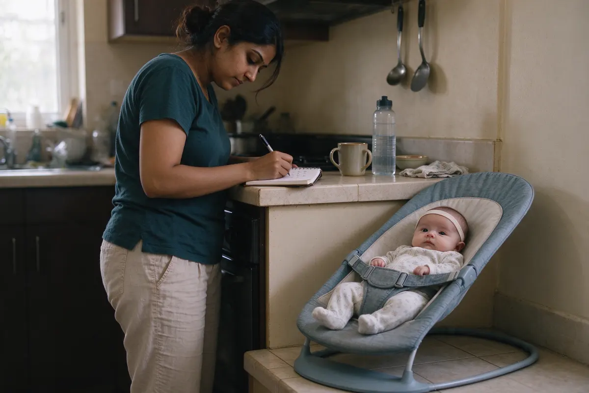 The mother at the kitchen counter writing a short list on a notepad, the baby awake in a bouncer seat on the floor beside her, straps buckled.