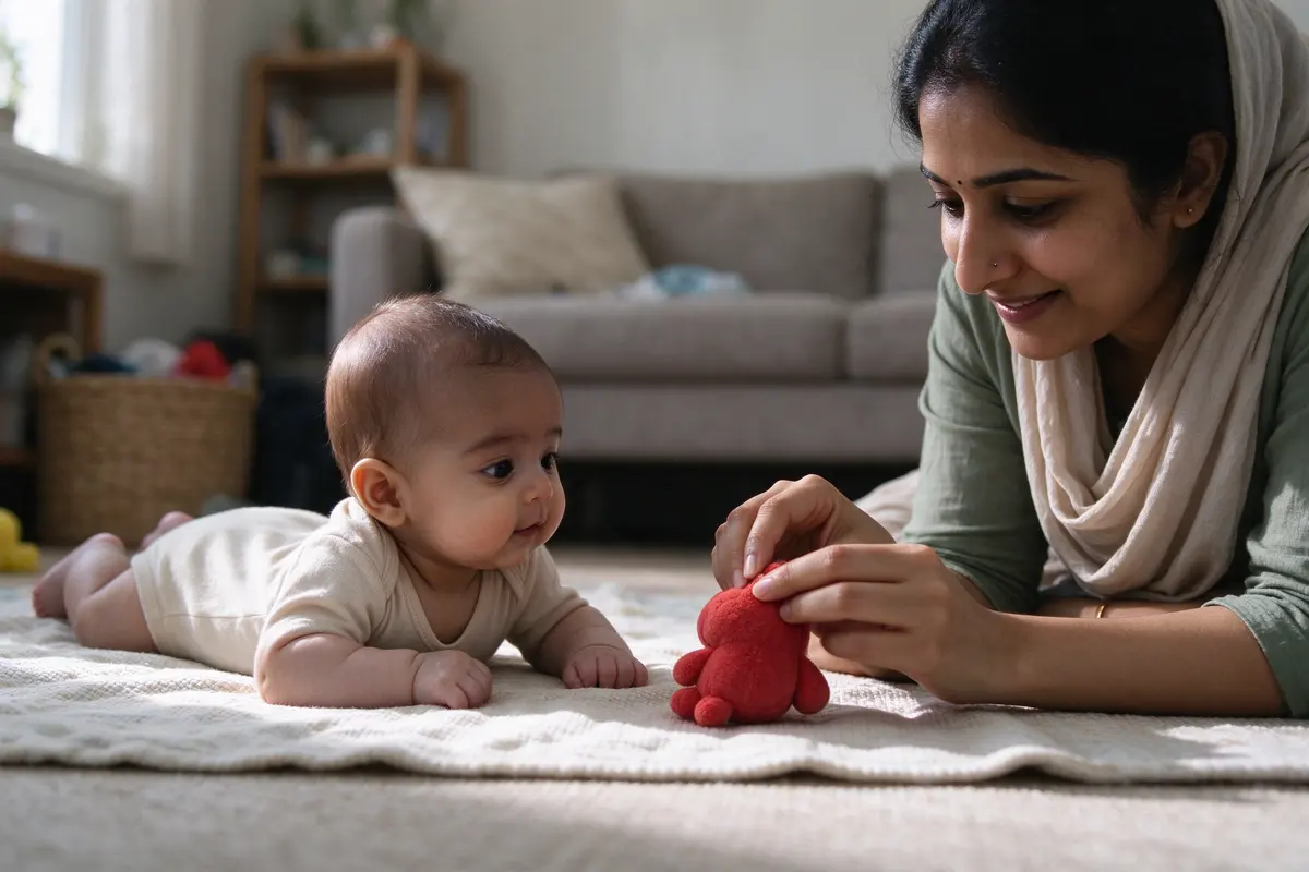 The same baby on the floor blanket, chest lifted onto the forearms, eyes on a soft red toy the mother holds just above the blanket.