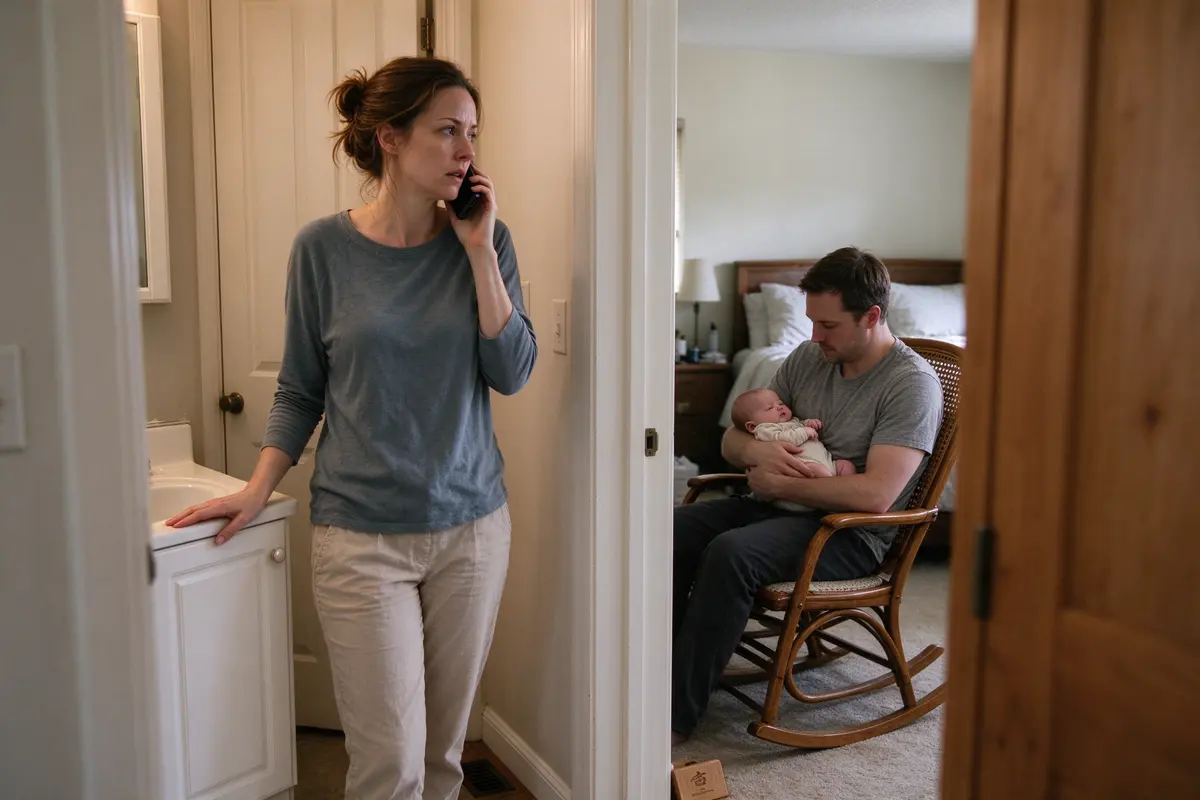 The mother stands in a hallway on the phone, one hand on the closed bathroom cabinet, the father visible in the next room rocking the baby.