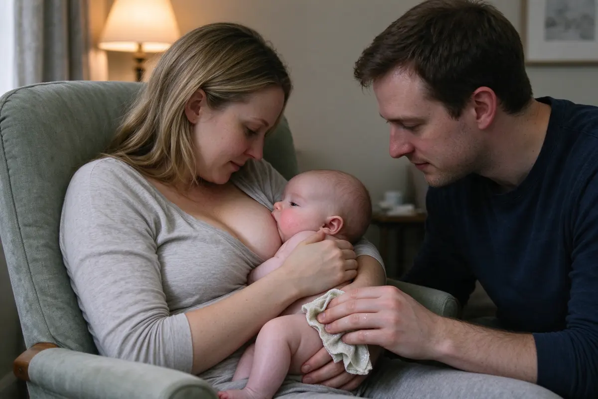 The mother feeds the baby in the same armchair while the father holds a damp washcloth against the baby's bare thigh, both watching the baby's face.