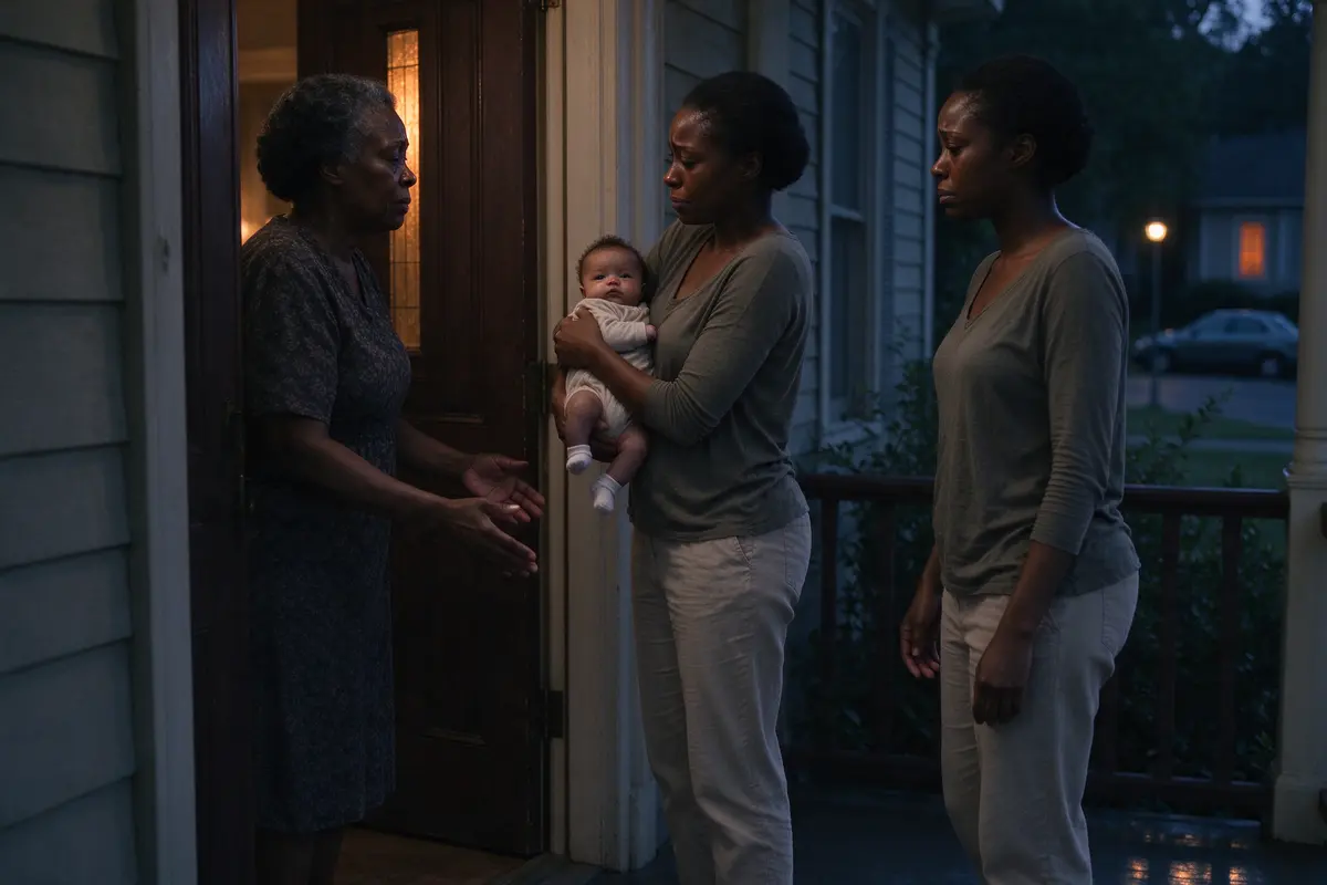 The mother hands the baby to the grandmother at the front door at dusk and steps out onto the porch alone, shoulders dropping.