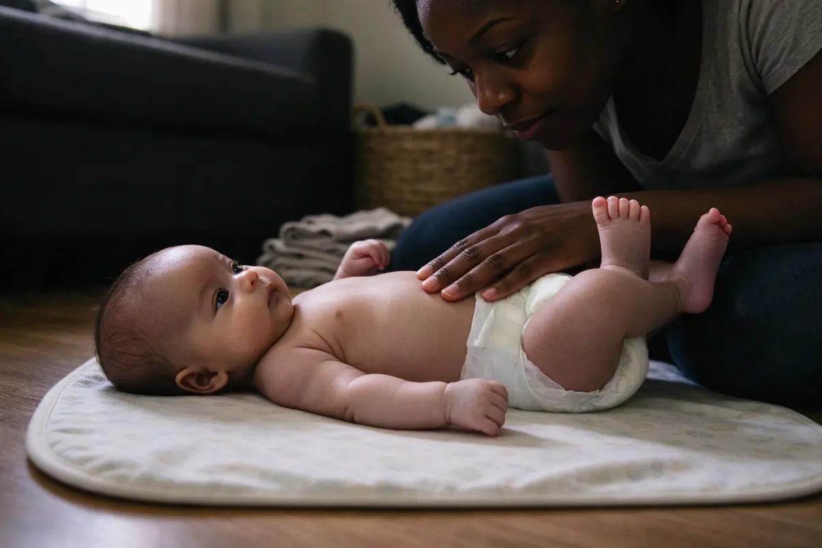 The baby lies in only a diaper on a changing pad on the floor, the mother's hand resting on the belly while she looks closely at the baby's bare toes.