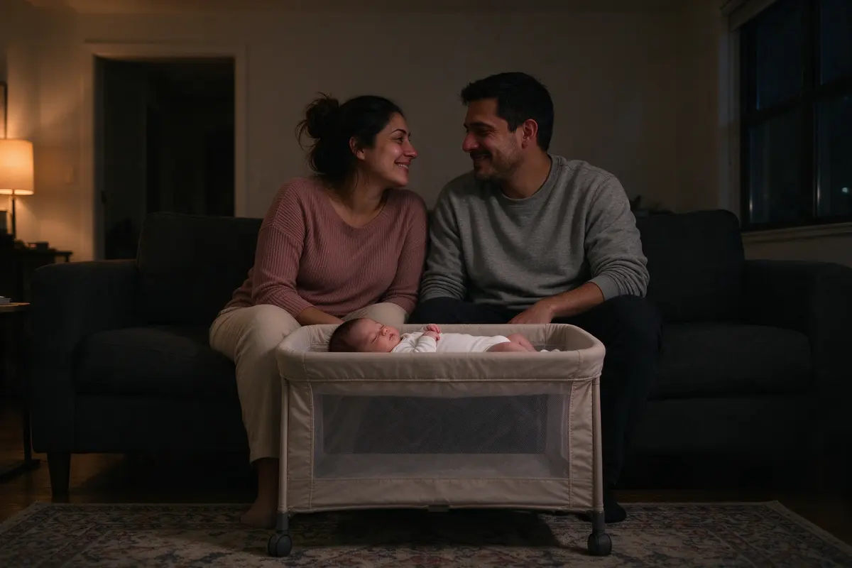 The mother and father sit on the sofa after dark with the baby asleep between them in a bassinet, looking at each other and both smiling, tired.