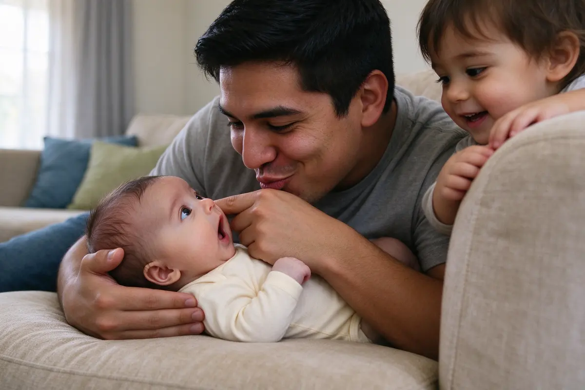 The father blows a raspberry on the back of his own hand inches from the baby's face, the baby's eyes wide and mouth open, a toddler sibling peeking over the sofa arm.