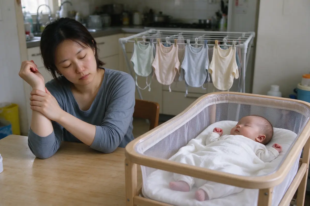 The mother sits at the kitchen table stretching one wrist back with the other hand, a row of small bibs drying on a rack behind her, the baby asleep in a bassinet nearby.