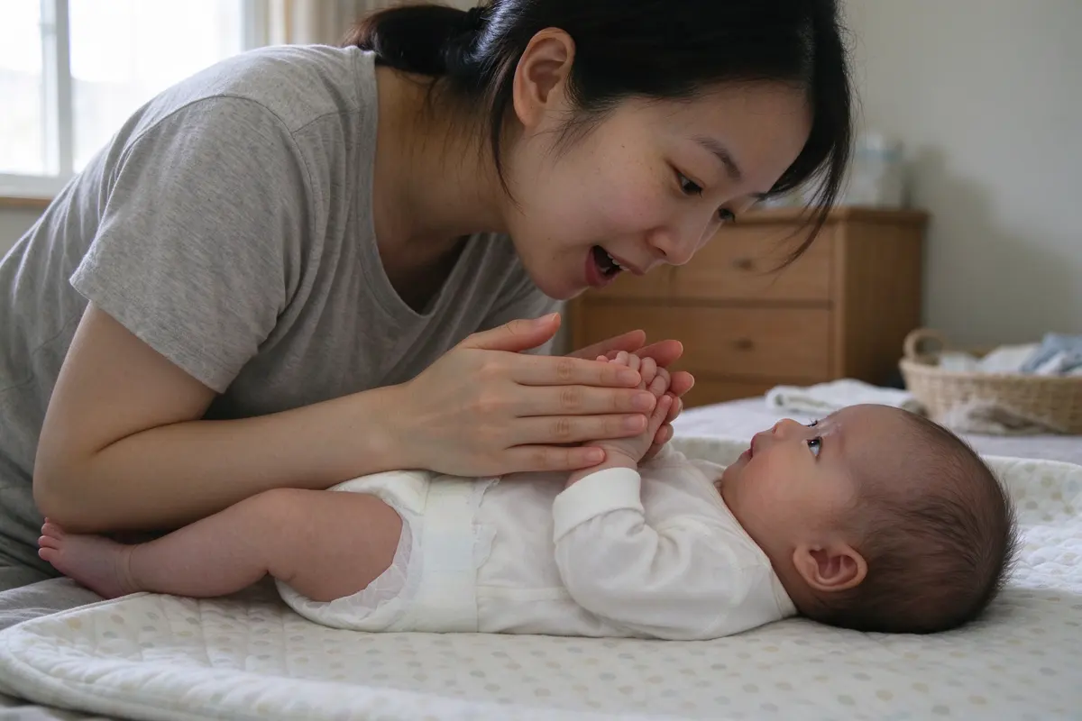 The mother holds the baby's two hands together over the chest on the changing pad, mid-clap, the baby looking up at her mouth as she sings.