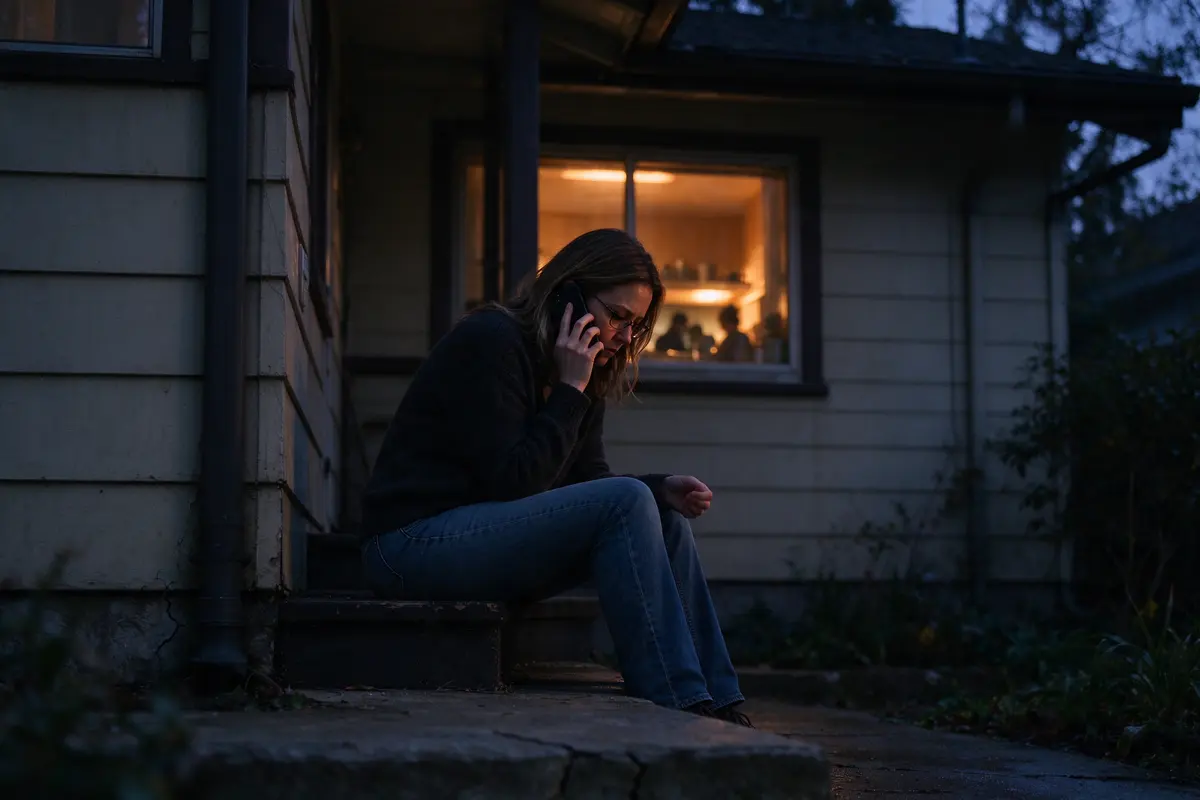 The mother sits alone on the back step with the phone to her ear, head down, listening, the kitchen window lit behind her.