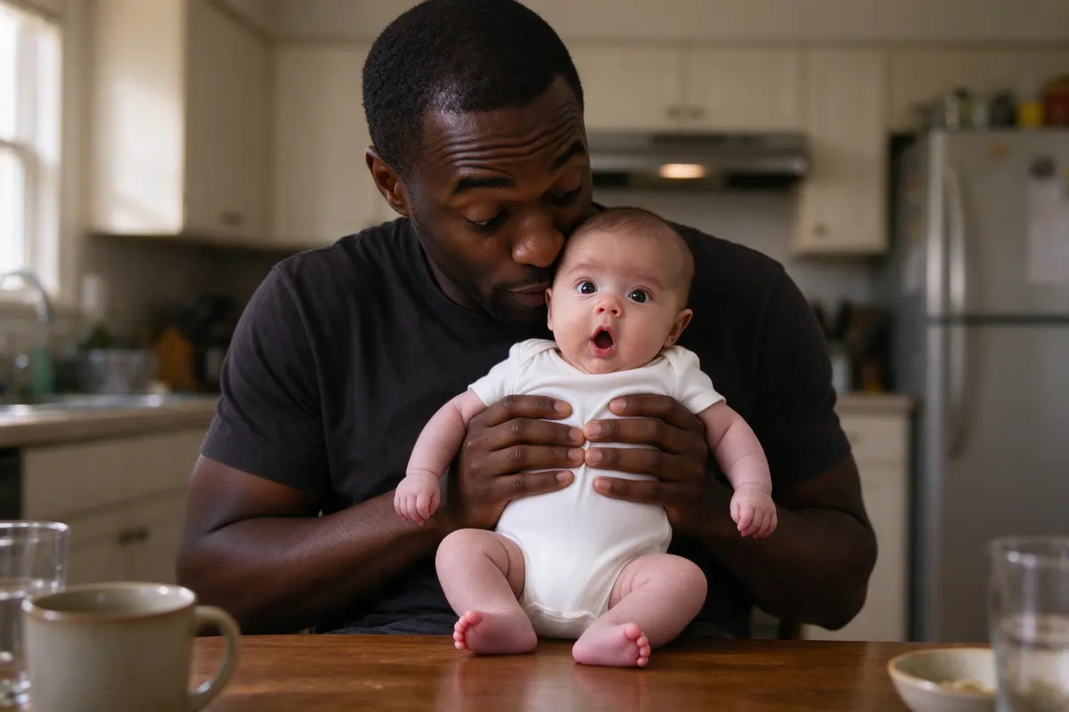 The father holds the baby upright on his lap at the kitchen table, leaning in with raised eyebrows and waiting, the baby's mouth rounding into an O.