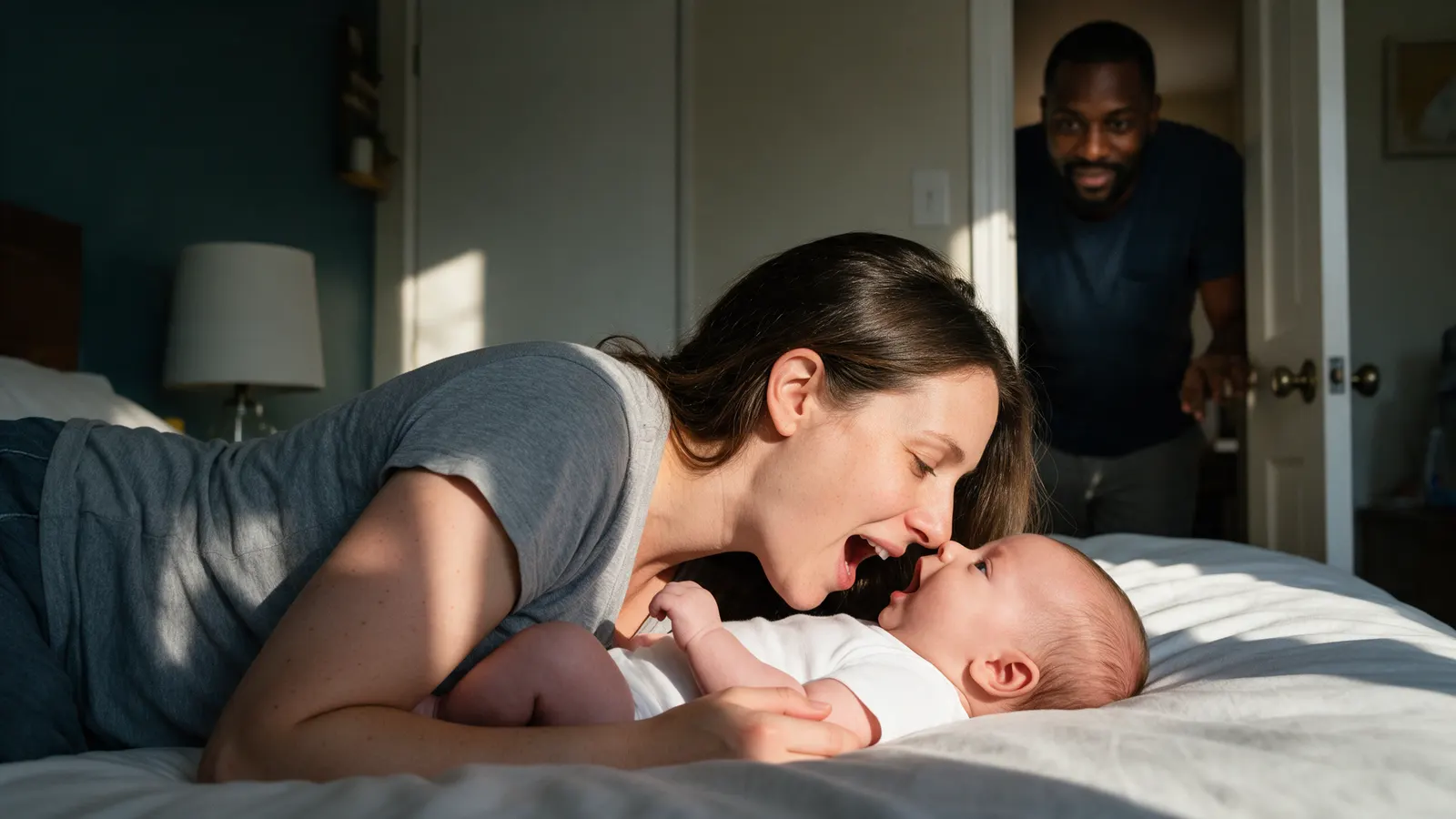 A white mother lies on her side on a bed in afternoon light, nose to nose with her nine-week-old, both mouths open mid-sound, a Black father watching from the doorway.