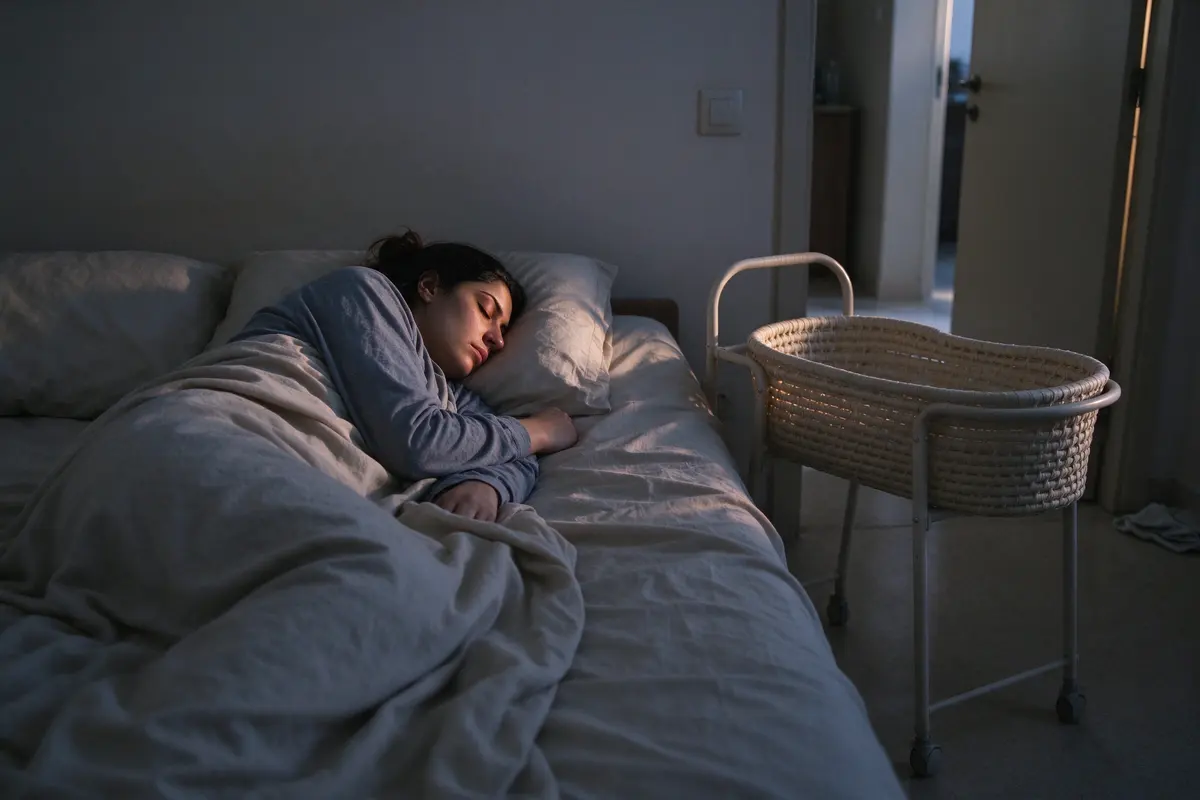 The mother asleep alone on her side in bed under a light blanket at dawn, the bedroom door ajar, the empty bassinet beside the bed.