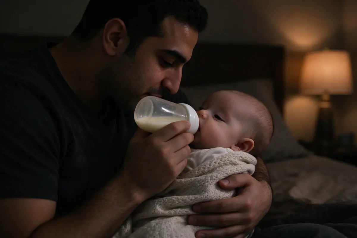 The father gives a bottle in the same dim room, the baby semi-upright in his arm, the bottle nearly level, his lips at the baby's ear as if murmuring.