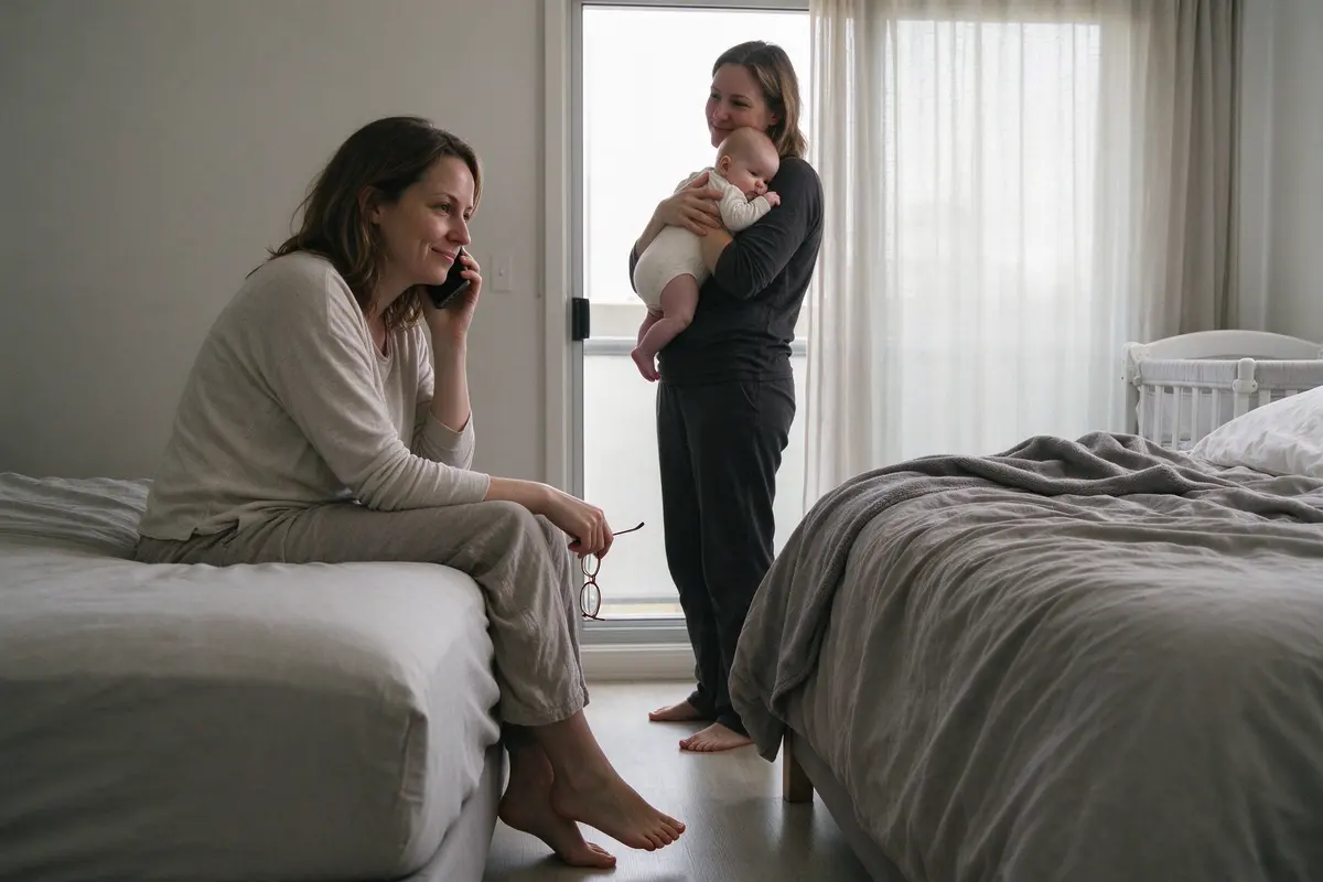 The other mother sits on the edge of the bed with her glasses in one hand and her phone in the other, mid-call, her partner by the window holding the baby.