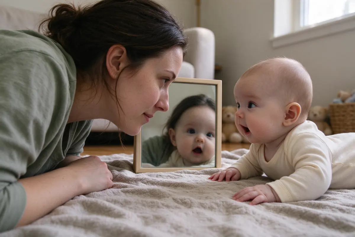 One mother lies beside the baby so both faces appear in the small floor mirror, the baby staring at the reflection with mouth open, hands flat on the blanket.