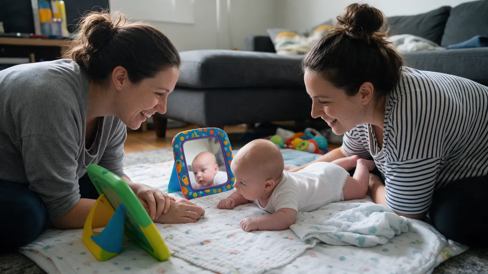 Two mothers on a living-room floor with their ten-week-old on a tummy-time blanket, the baby lifting their head toward a baby mirror propped in front, afternoon light.