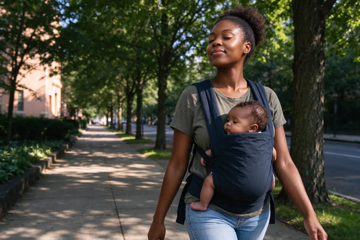 The mother walks a tree-lined sidewalk in bright early-afternoon light, the baby in a front carrier with face visible and turned to the side, her own face up to the sun.