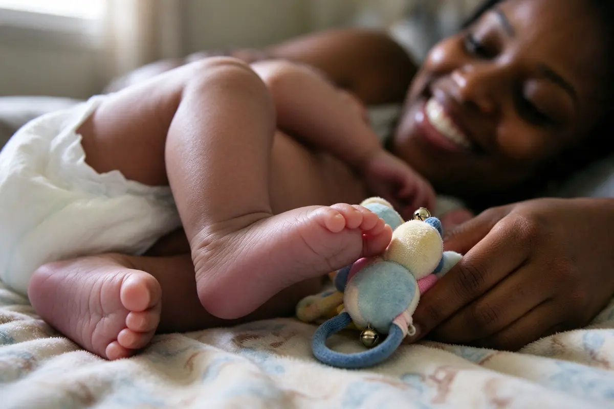 Close on the baby's bare feet mid-kick against a soft jingly toy on the blanket, the mother's hand resting beside it and her face lit up, out of focus.