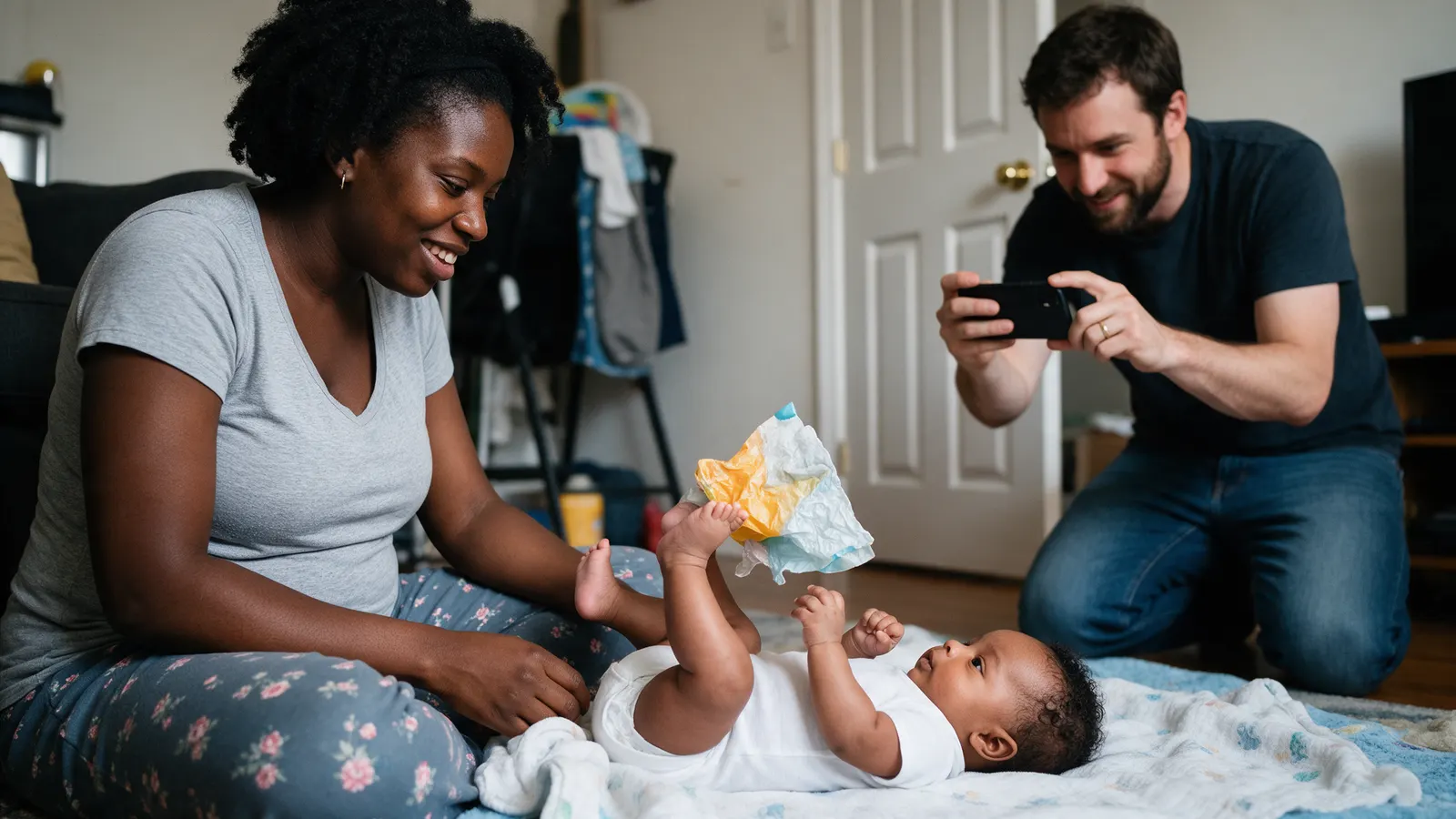 A Black mother sits on the floor beside her ten-week-old, who lies on their back on a blanket kicking at a crinkly cloth toy, the father filming on his knees.