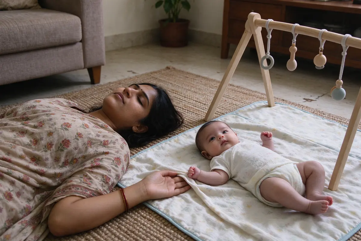 The mother lies on her back on the rug beside the baby on the play mat, both facing the ceiling, her eyes closed and one hand on the baby's blanket.