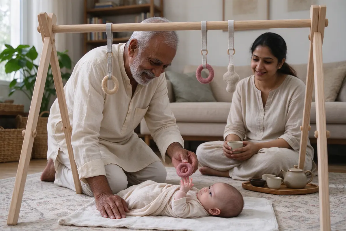 The grandfather touches a soft ring to the baby's open hand under the play gym, the baby's eyes fixed on it, the mother sitting cross-legged nearby with tea.