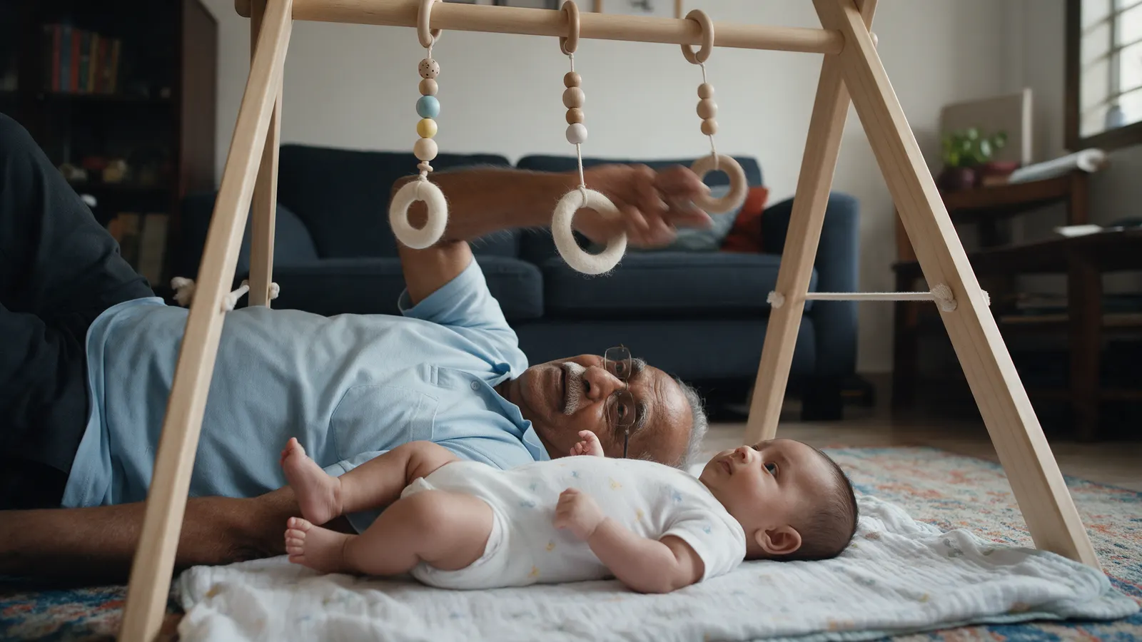 An Indian grandfather lies on a living-room rug beside his ten-week-old grandchild, on their back under a wooden play gym, swinging an arm at a hanging felt ring.