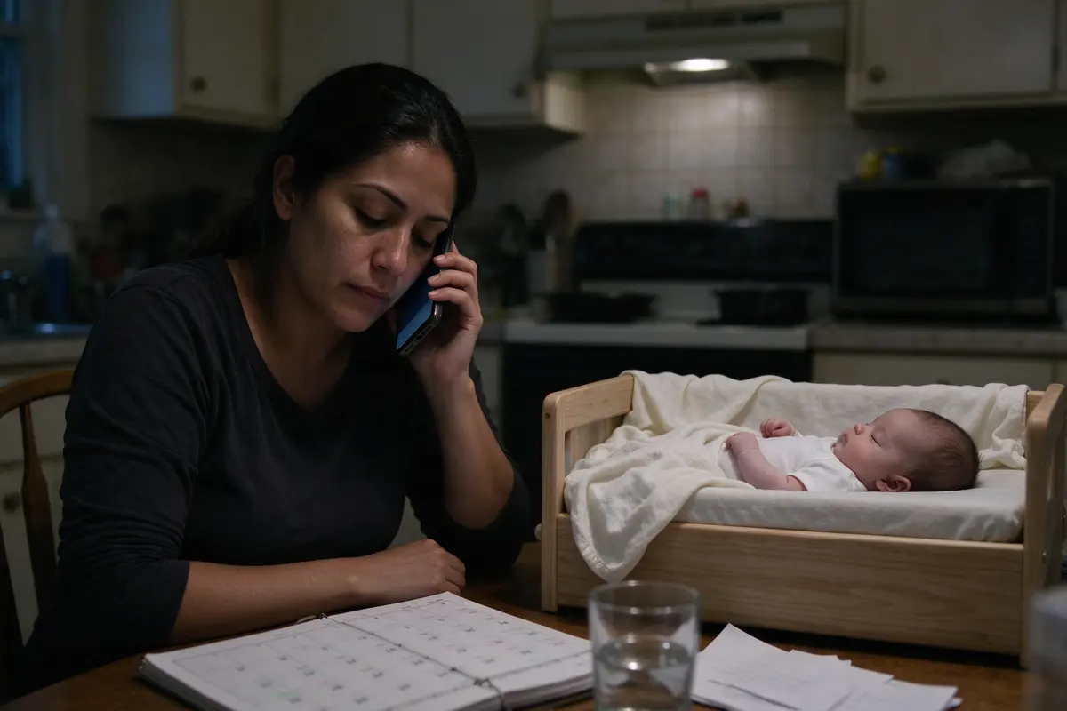 The mother at the kitchen table at night with a phone to her ear and a paper calendar open in front of her, the baby asleep on their back in a bare bassinet beside her.