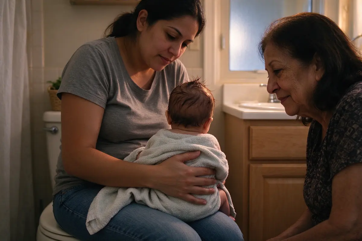 The mother sits on the closed toilet lid with the towel-wrapped baby facing away on her lap, looking down at the back of the baby's wet head while the grandmother leans in to see.