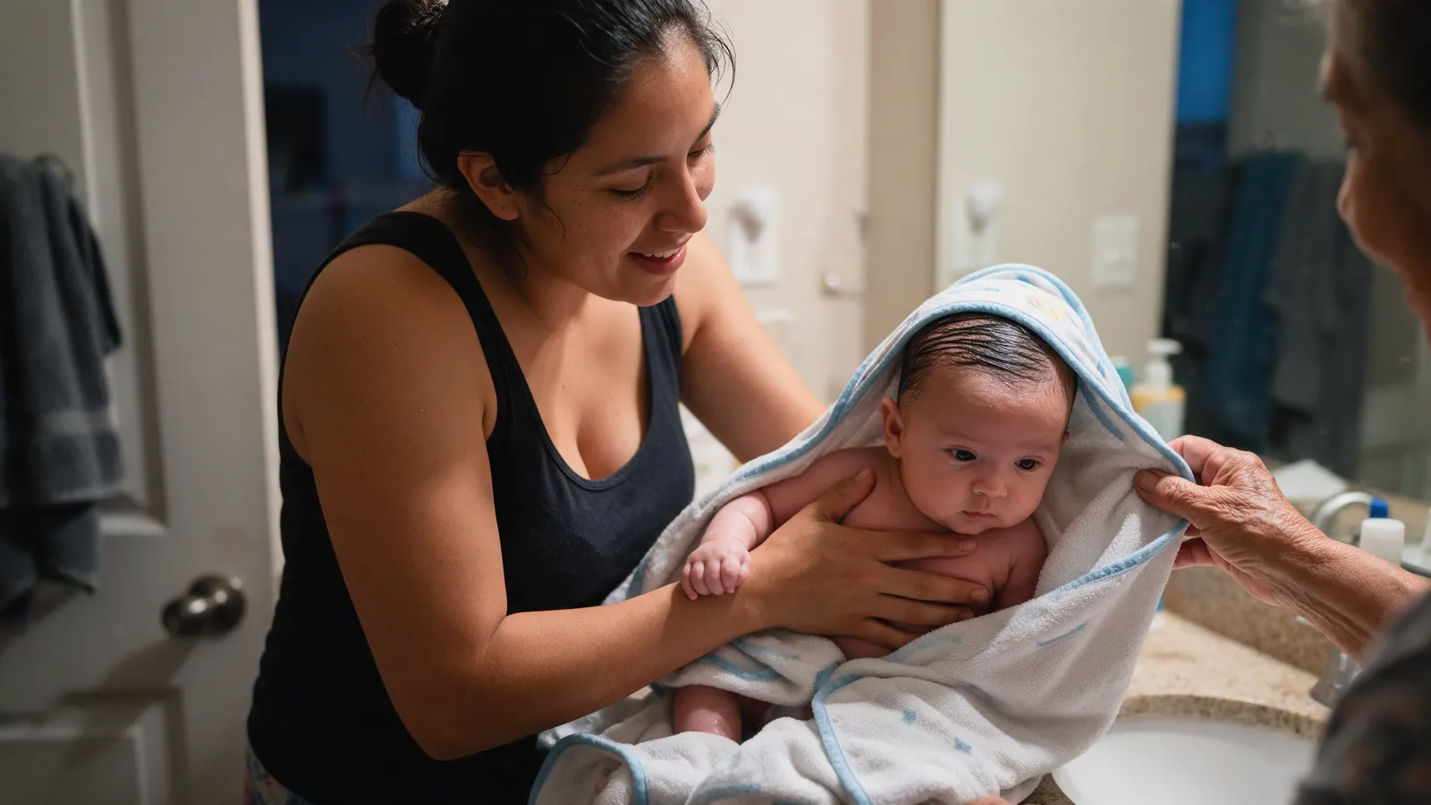 A Latina mother wraps her ten-week-old in a hooded towel on the bathroom counter after a bath, the baby's wet hair slicked flat, her own mother holding a corner of the towel, warm evening light.