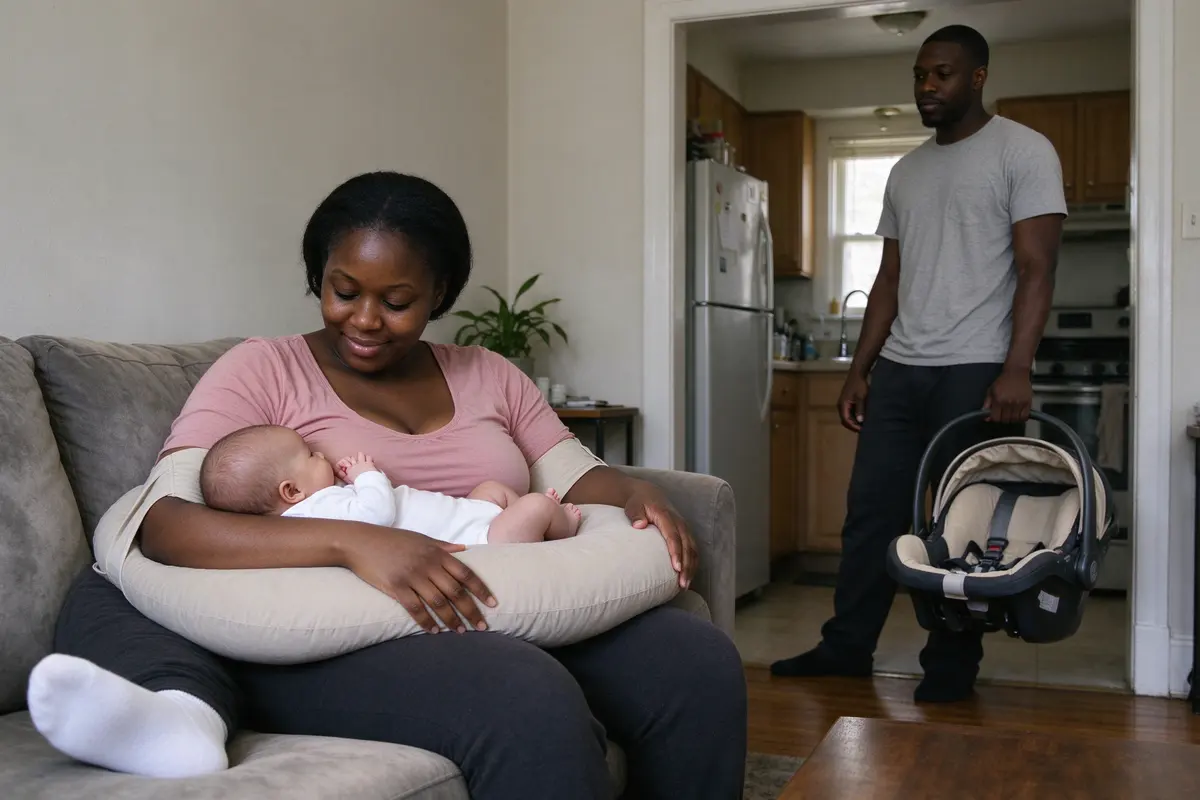 The mother sits on the couch with a nursing pillow under both arms and her wrists resting flat, the baby across her lap, the father in the kitchen doorway with the car seat in one hand.