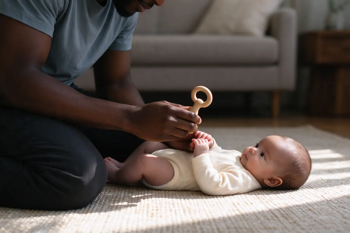 The father cups the baby's hand around a small wooden rattle and gives it a gentle shake, the baby's eyes fixed on it, morning light across the rug.