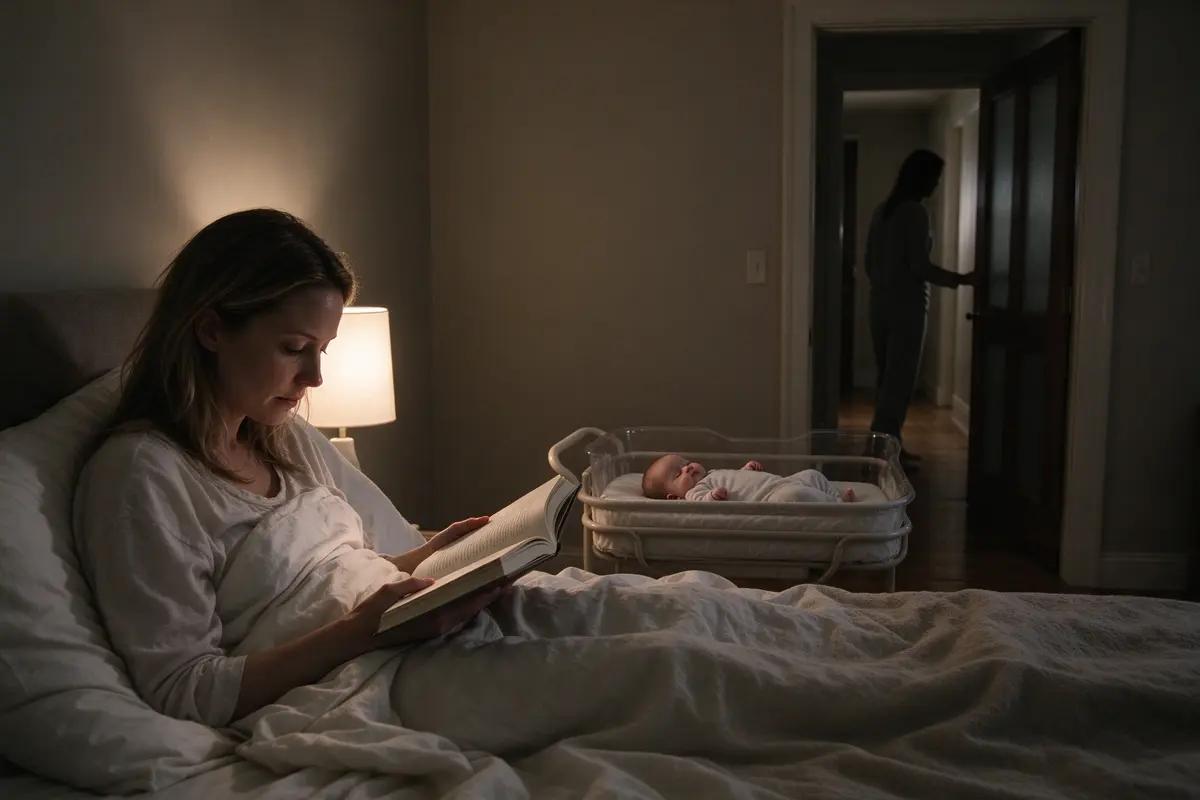 The mother reads in bed under a single lamp while the baby sleeps on their back in a bare bassinet beside the bed, the partner's silhouette closing the nursery door down the hall.