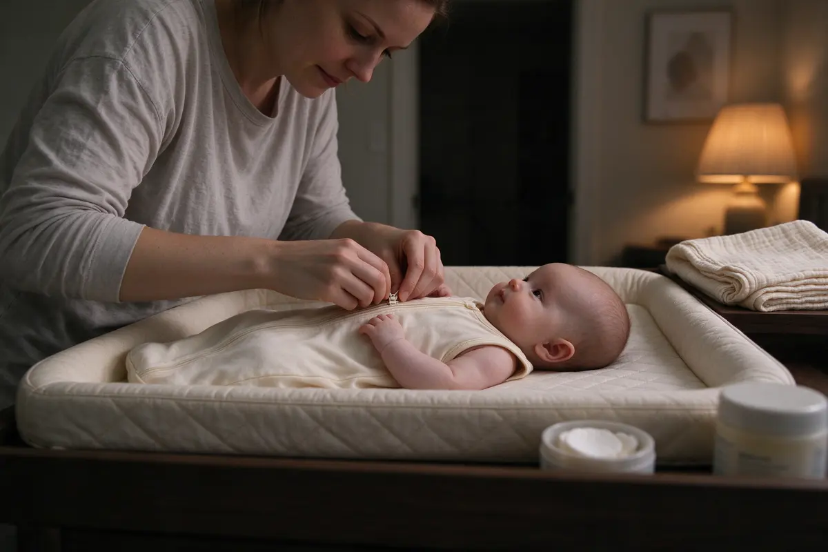 The mother zips a light sleeveless sleep sack over the baby on the changing pad, both of the baby's arms free, the folded swaddle set aside on a shelf, a lamp glowing low.