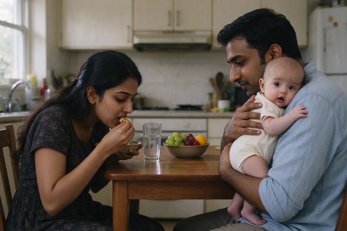 The mother eats lunch at the table with both hands, the father across from her holding the baby upright against his shoulder, a glass of water and a bowl of fruit between them.